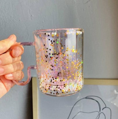 Girls pink juice glass cup cute double wall mug cups with hand grip