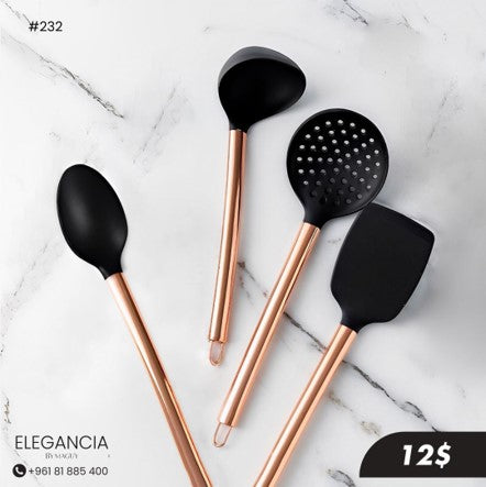 Rose gold and black kitchen utensils