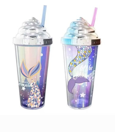 Mermaid water cup with colored straw