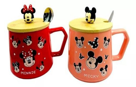 Mickey and Minnie mouse mugs with wood lid and teaspoon