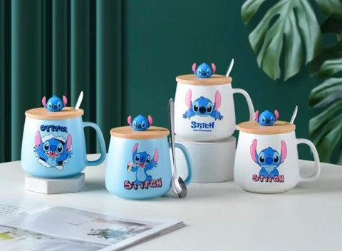 Stitch cartoon glass cup with stitch wood lid and tea spoon